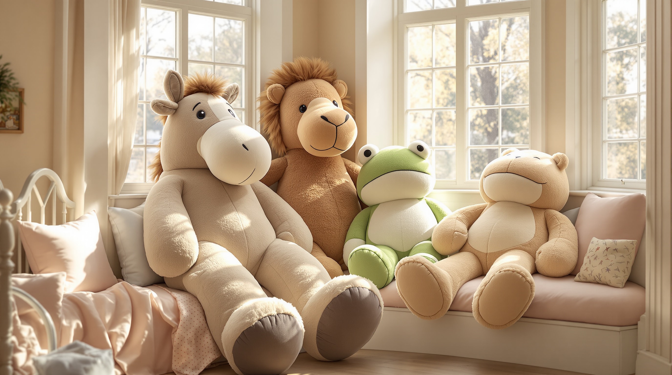Giant floppy stuffed horse, camel and frog arranged on a sunny window seat