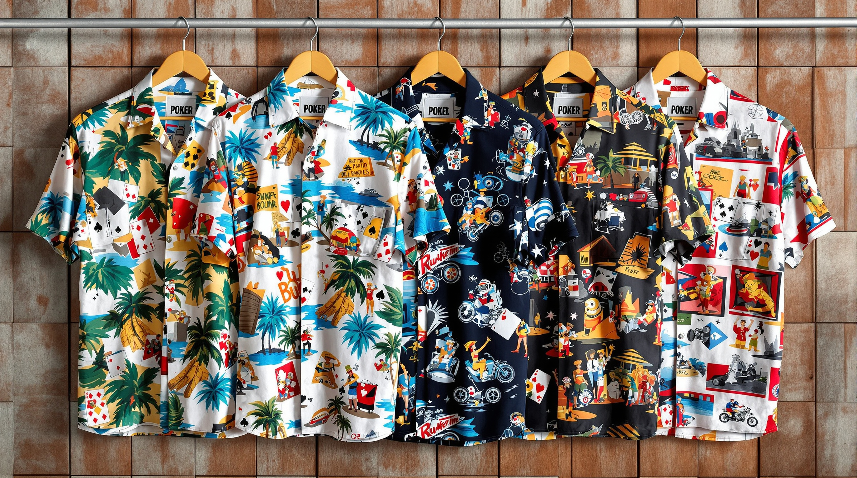 Colorful novelty Hawaiian camp shirts with poker and tropical prints on wooden hangers