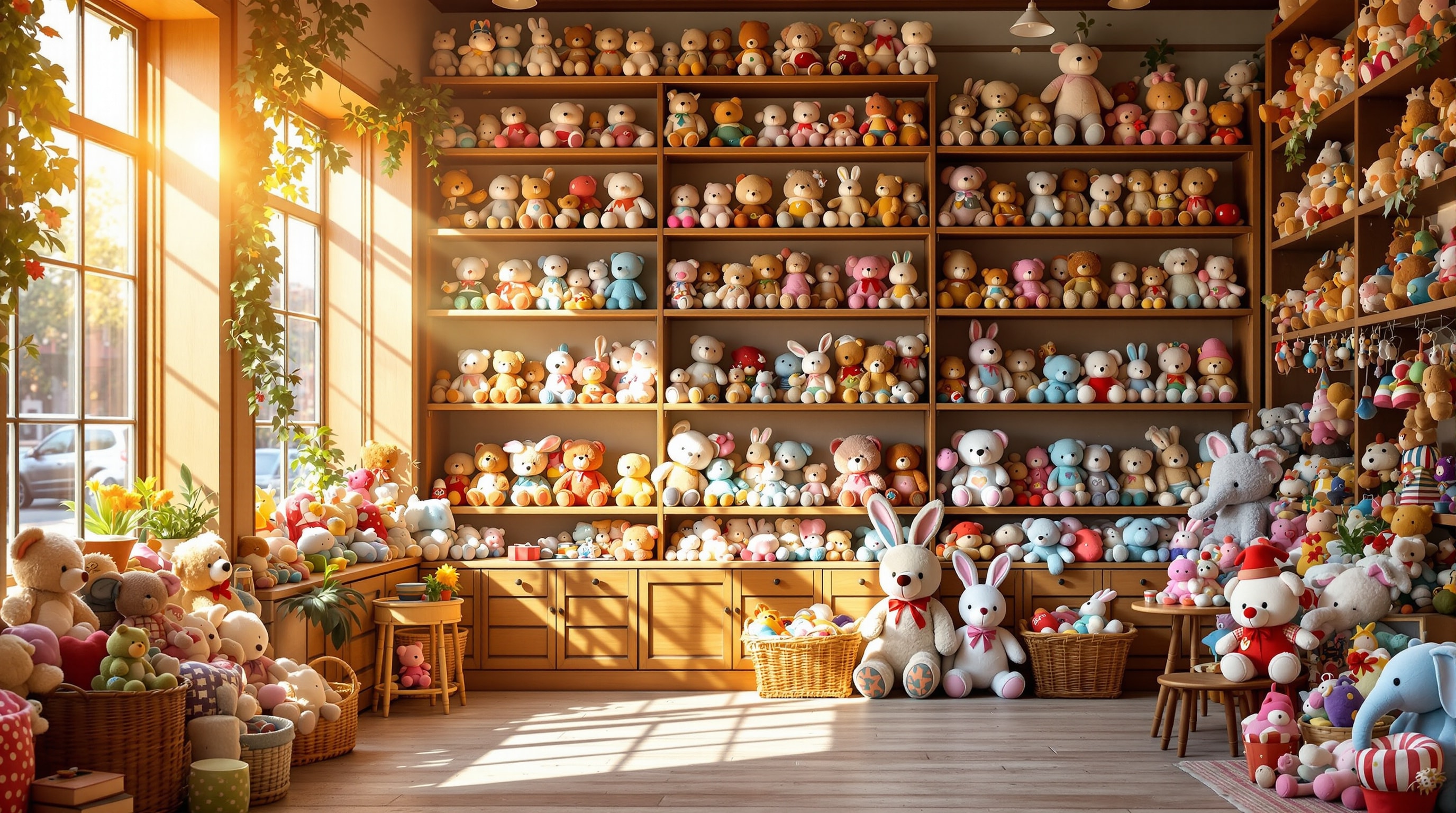 Shelves of stuffed animals and teddy bears inside a cozy toy shop