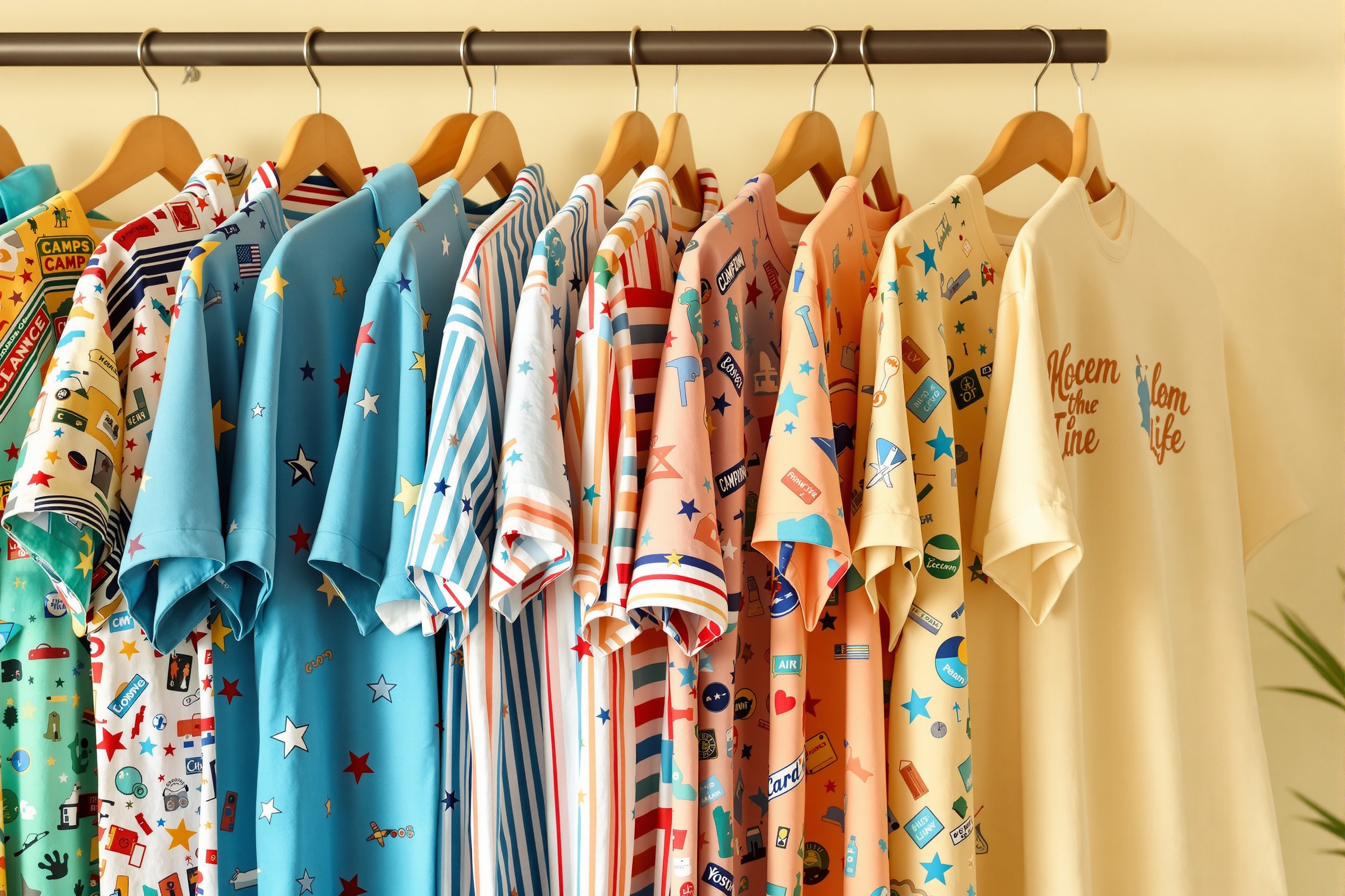 Display of colorful novelty shirts on wooden hangers